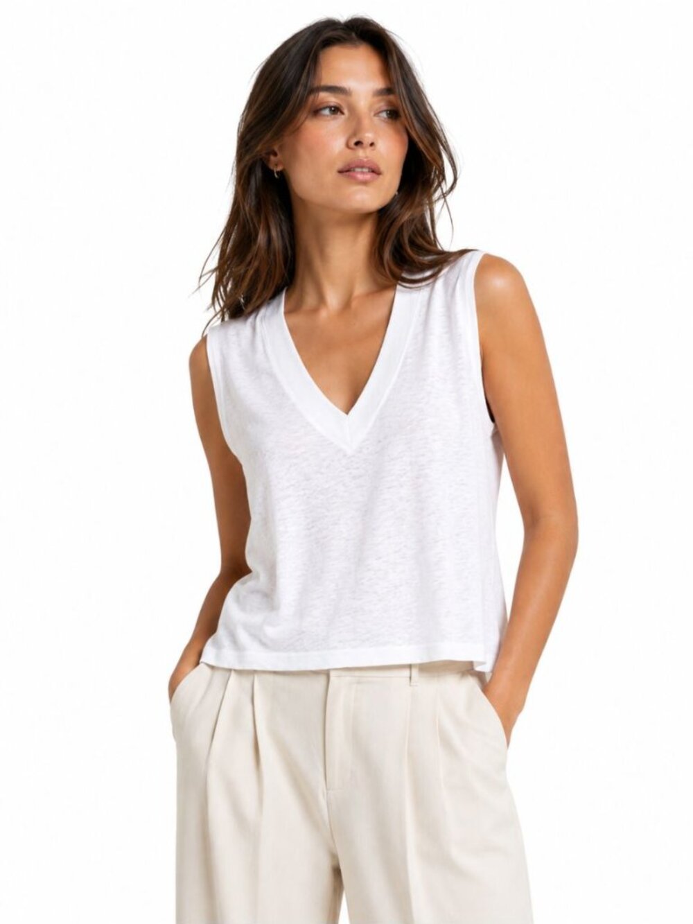 PerfectWhiteTee Womens Lucy Linen Jersey V-Neck Tank Top White EUC Size M